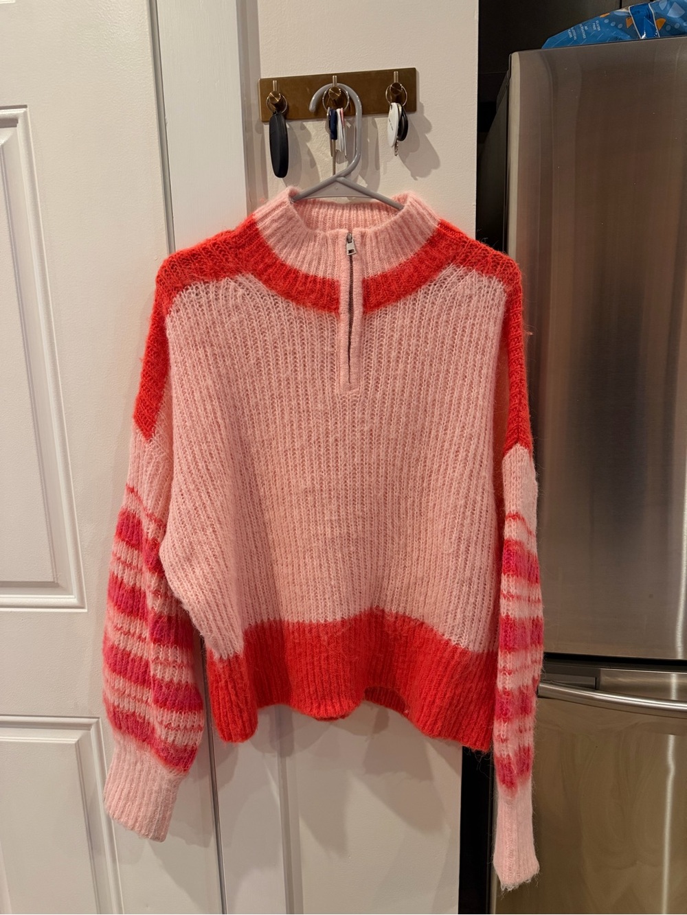 French Connection Pink and Red Half-Zip Funnel Neck Sweater